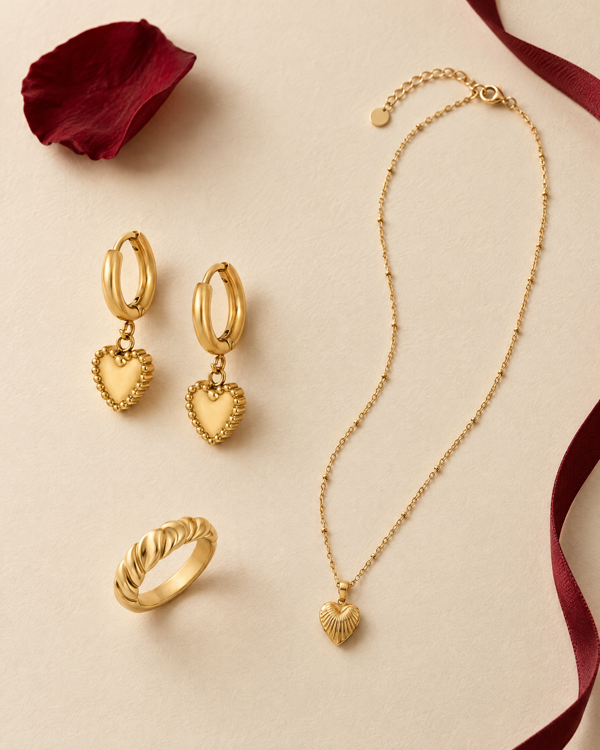 Akitsune Adoration earrings, Illume necklace and Passion ring with burgundy Valentine’s accents