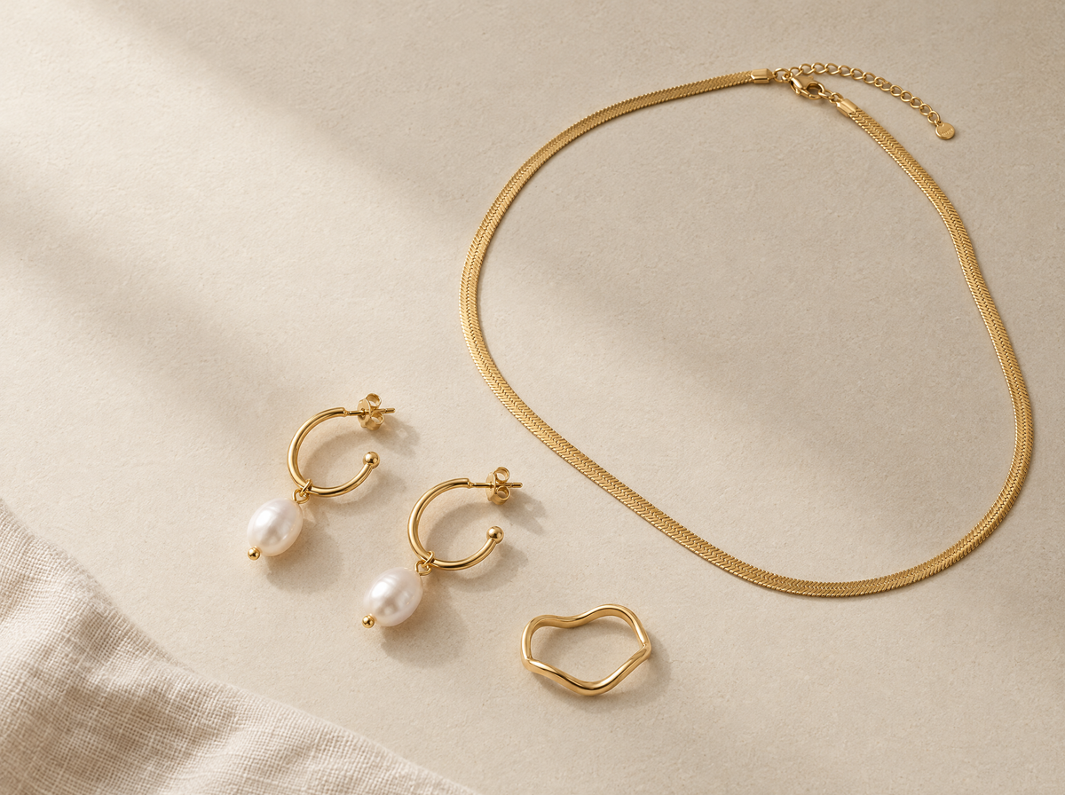 Akitsune Essence gold necklace, Serenitya pearl-drop earrings and Serenity wave ring arranged on an ivory surface.