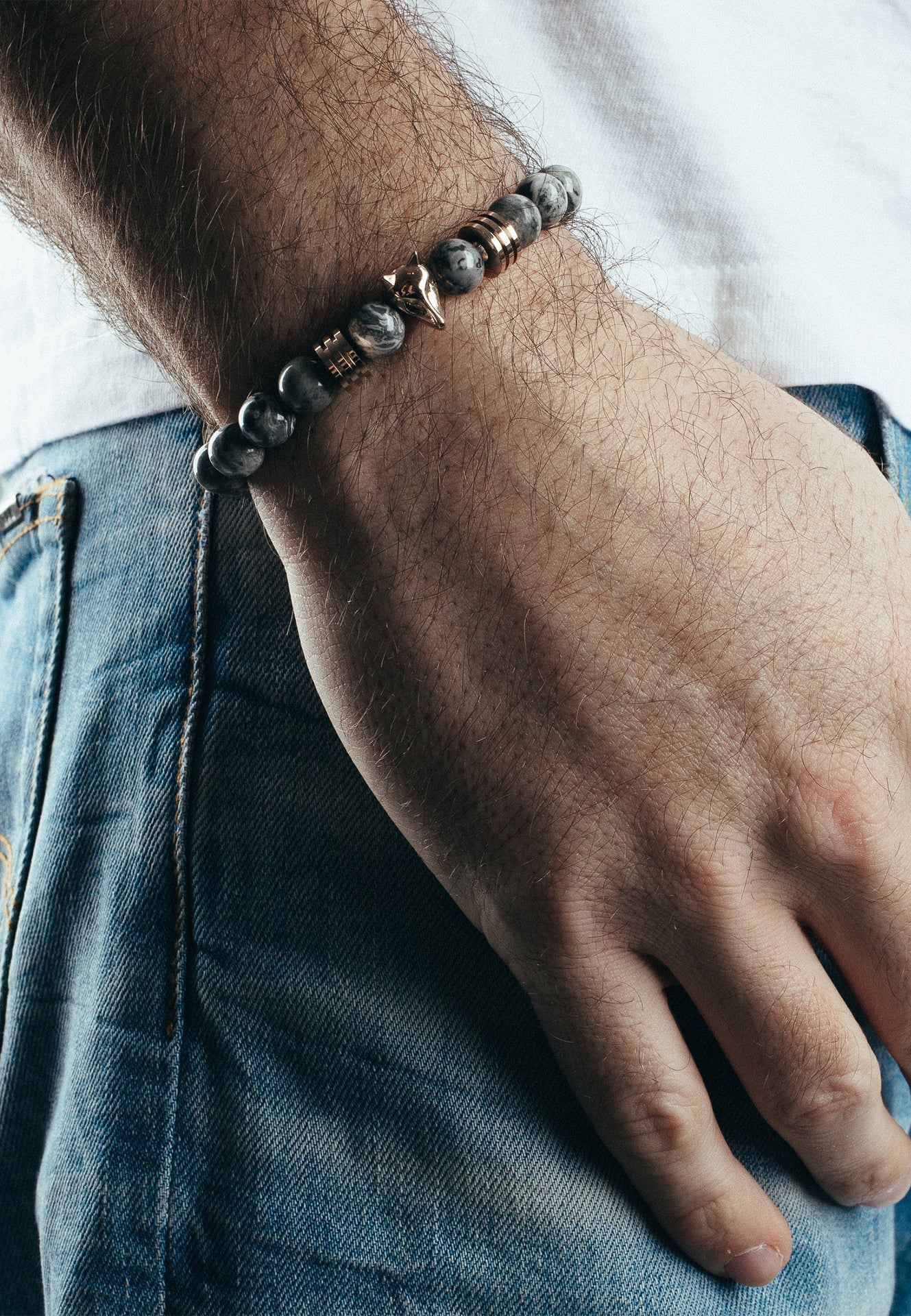 AK-B-OBS-03-Akitsune-Obsidian-Beaded-Bracelet-Fox-Rose-Gold-Grey-Model-5x4