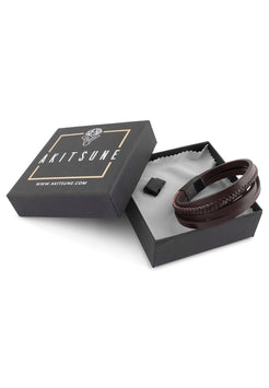 AK-B-PAT-02-Akitsune-Pathfinder-Synthetic-Leather-Bracelet-Matte-Black-Brown-Packaging