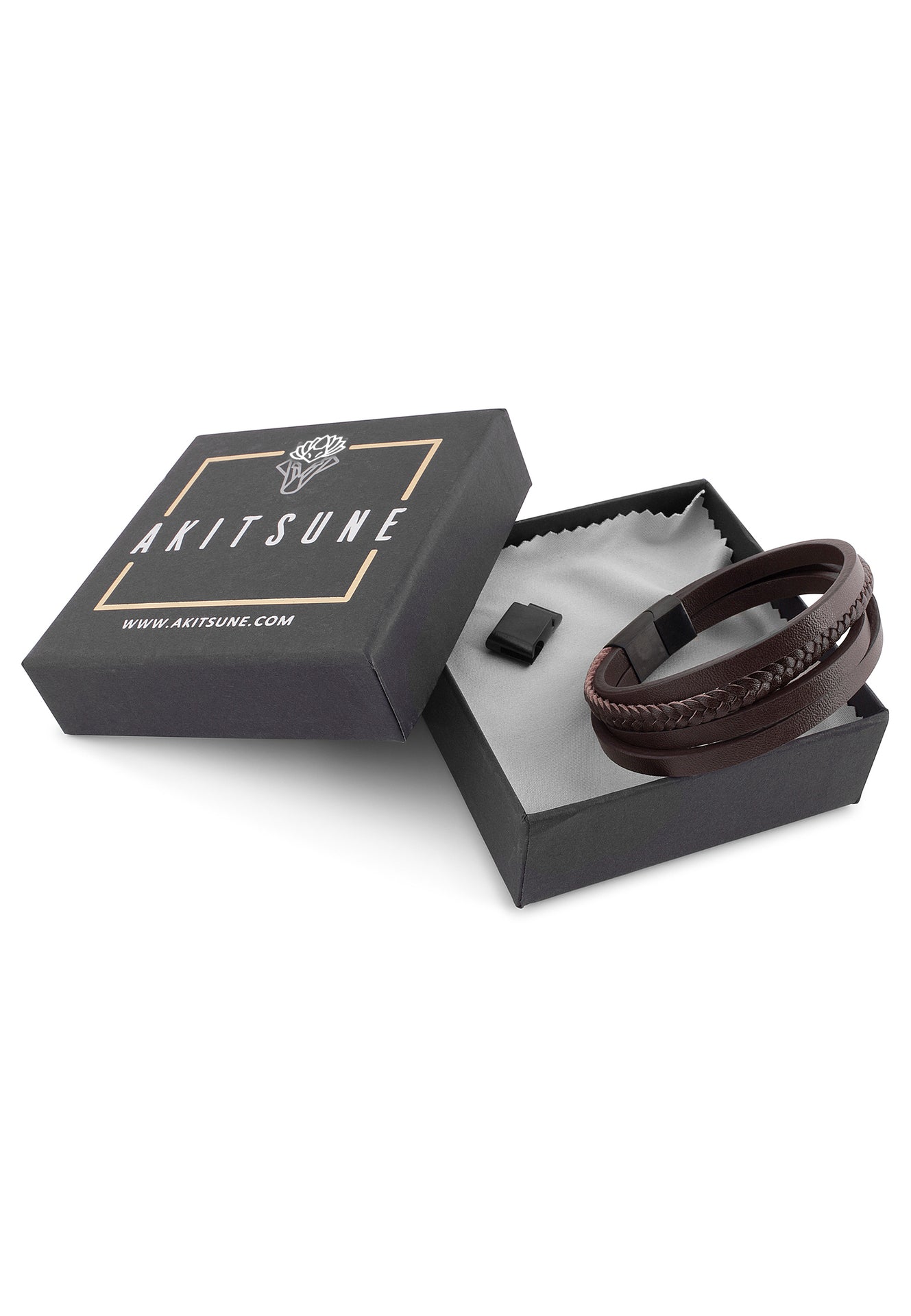 AK-B-PAT-02-Akitsune-Pathfinder-Synthetic-Leather-Bracelet-Matte-Black-Brown-Packaging