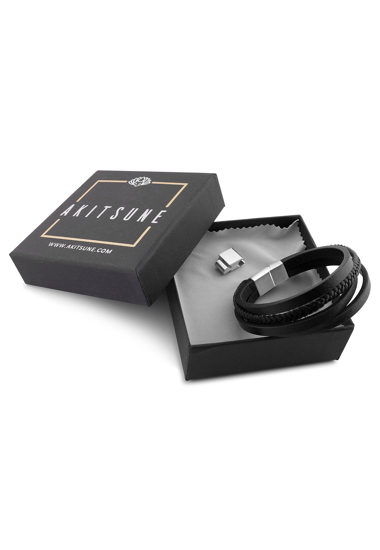 AK-B-PAT-03-Akitsune-Pathfinder-Synthetic-Leather-Bracelet-Silver-Black-Packaging