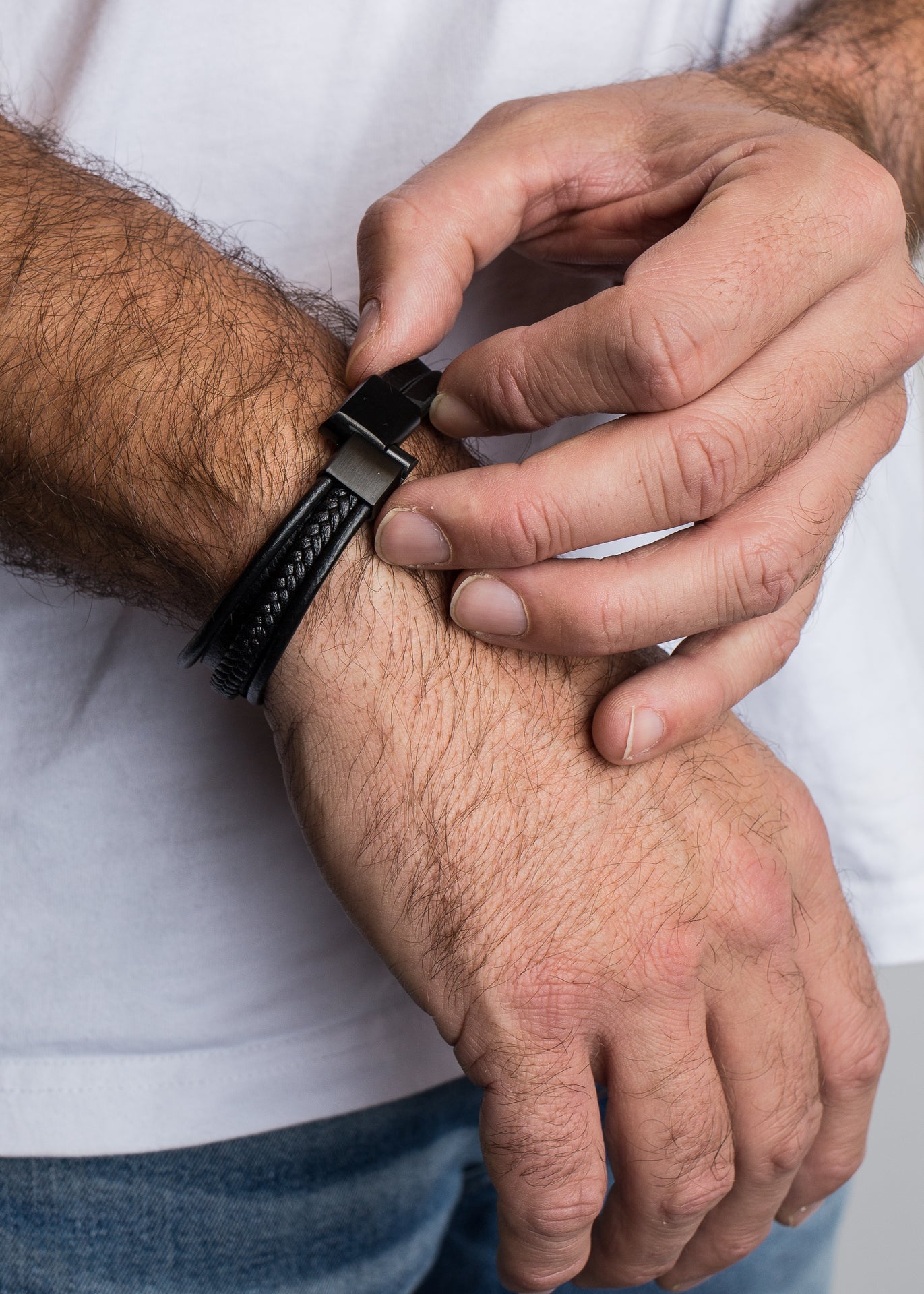 AK-B-PUN-01-Akitsune-Punisher-Synthetic-Leather-Bracelet-Matte-Black-Black-Model-2