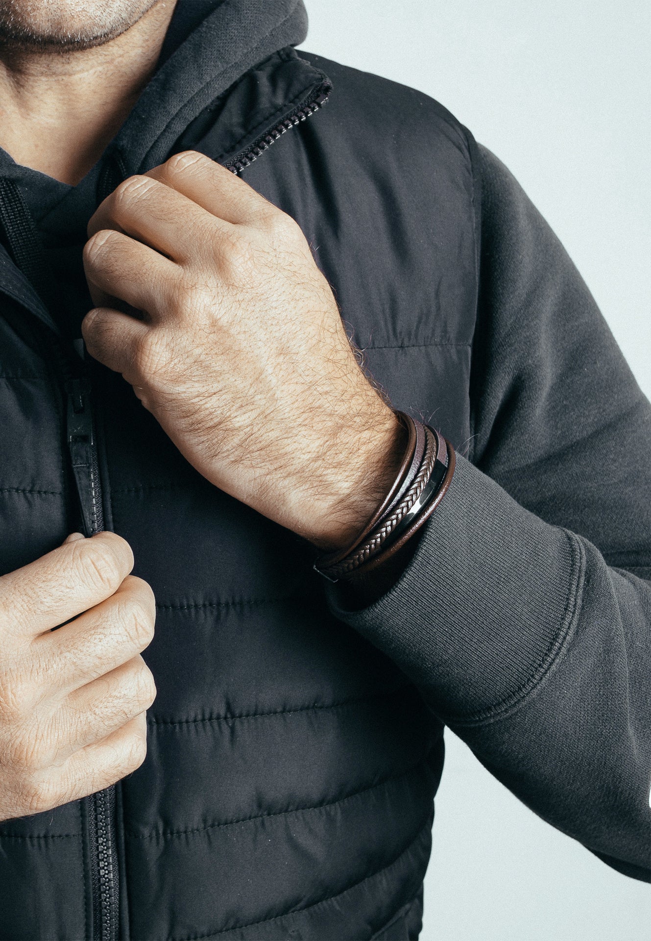 AK-B-PUN-02-Akitsune-Punisher-Synthetic-Leather-Bracelet-Matte-Black-Brown-Model-3