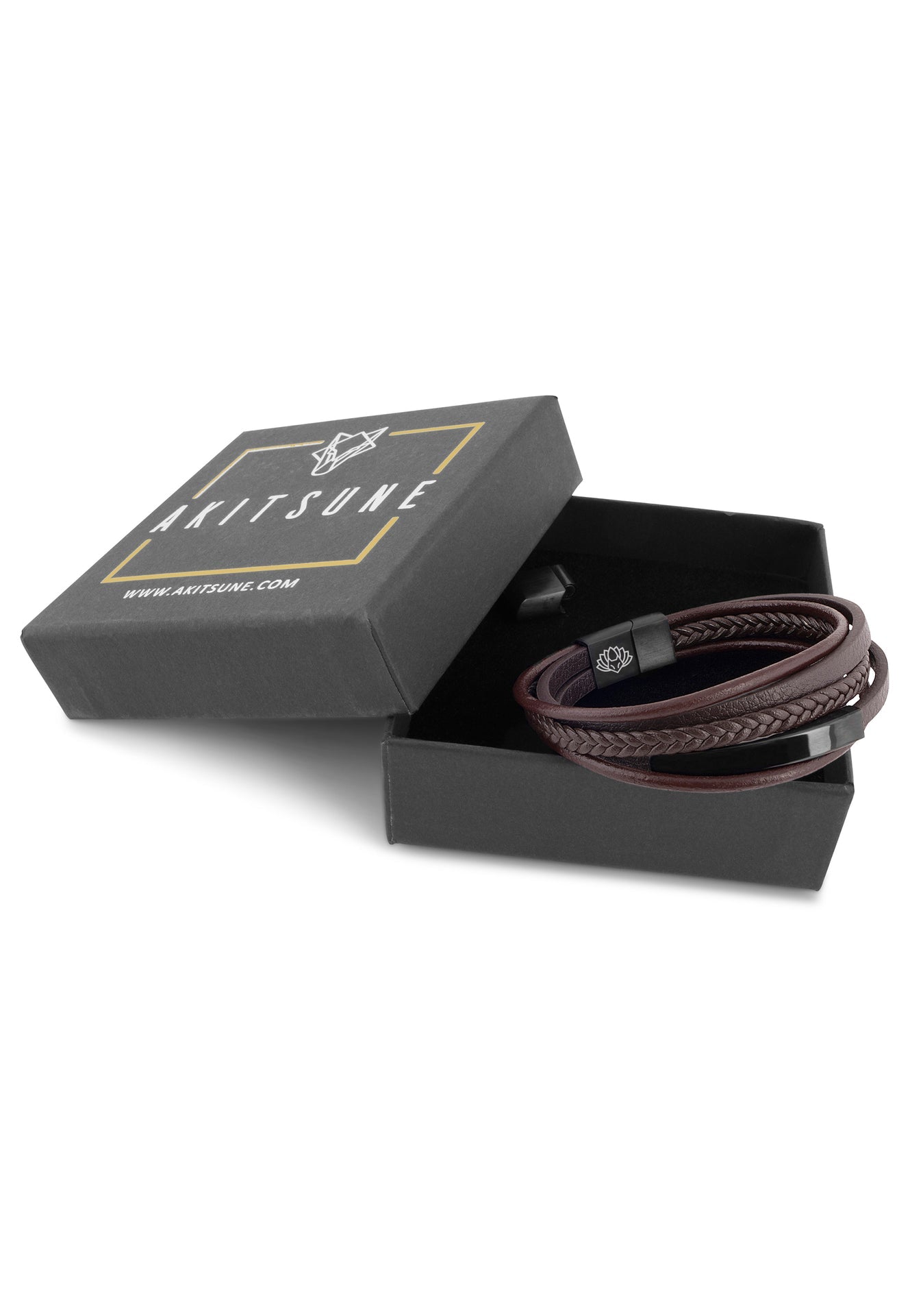 AK-B-PUN-02-Akitsune-Punisher-Synthetic-Leather-Bracelet-Matte-Black-Brown-Packaging