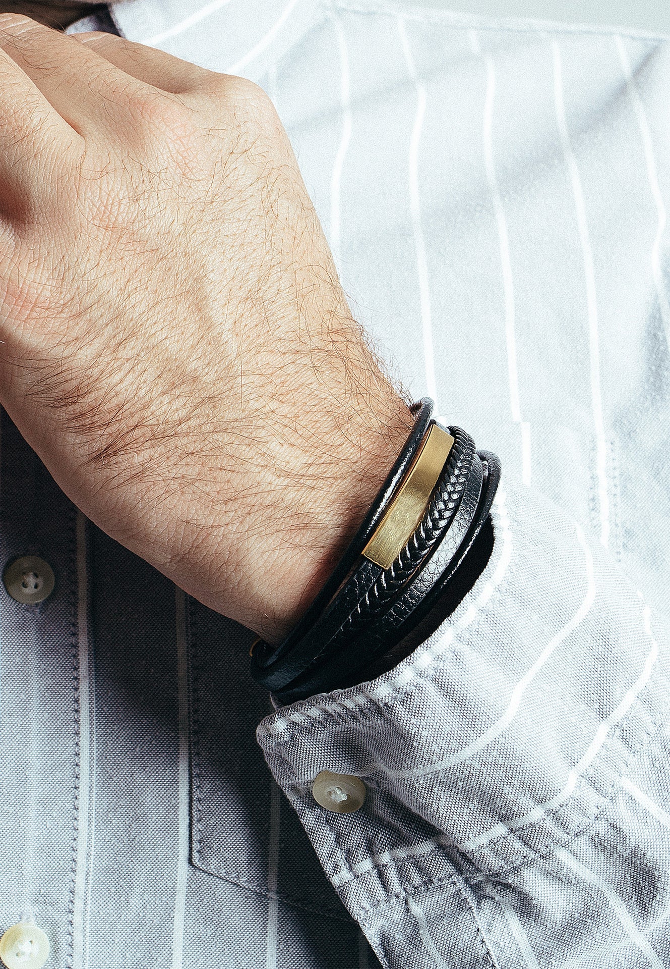 AK-B-PUN-03-Akitsune-Punisher-Synthetic-Leather-Bracelet-Gold-Black-Model-2