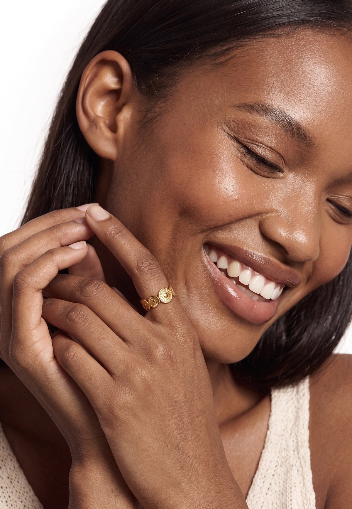 Akitsune Aria ring in gold tone, worn by a model