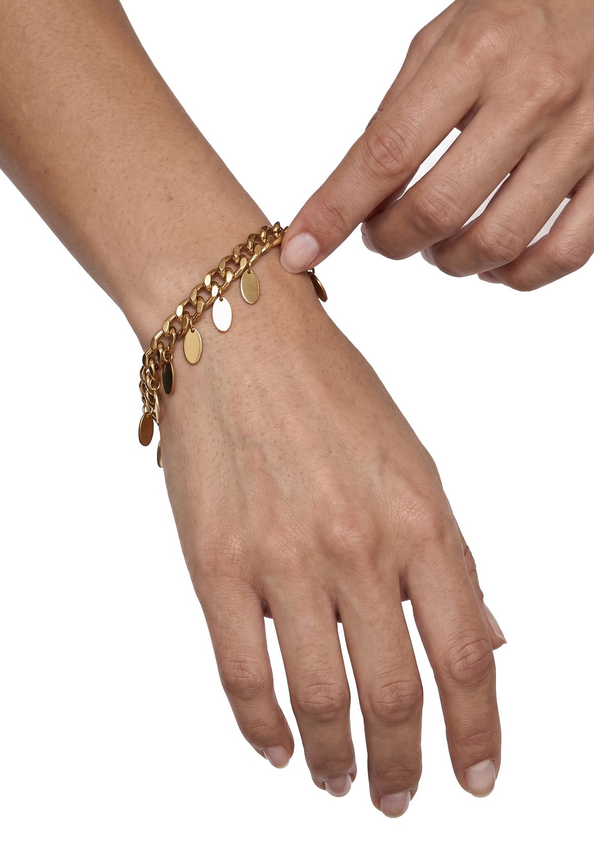 Akitsune Aurelia Chain Bracelet gold tone, close-up on a model