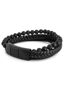 Akitsune-Bellum-Leather-Beaded-Bracelet-Matte-Black-Extended