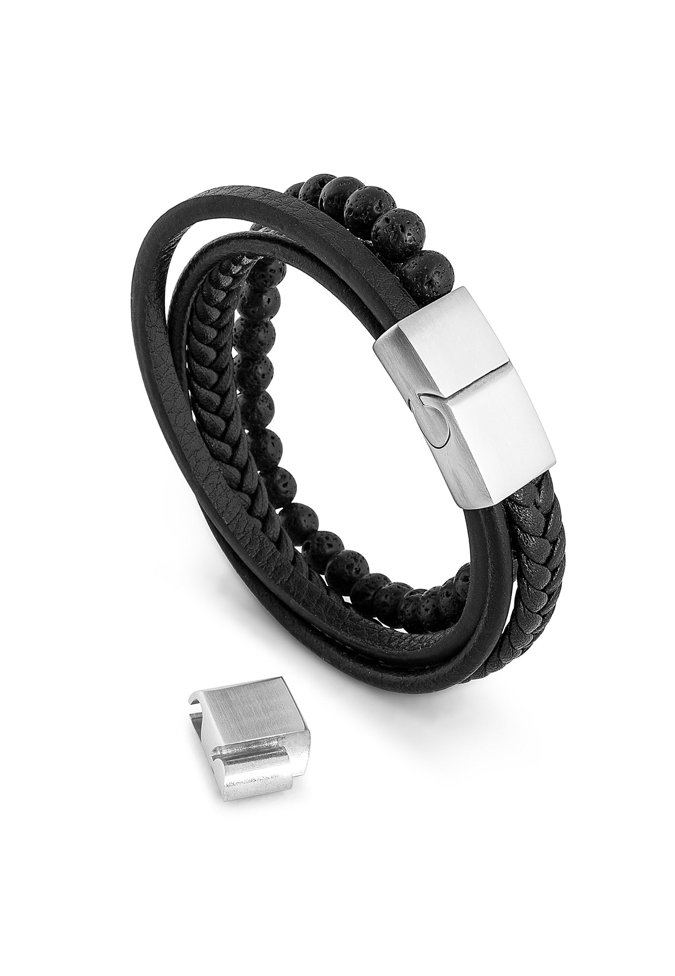 Akitsune-Bellum-Leather-Beaded-Bracelet-Silver-Black-Full-2