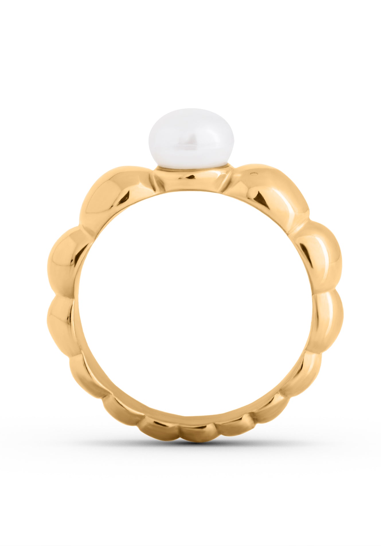 Gold ring with a white gemstone on a white background