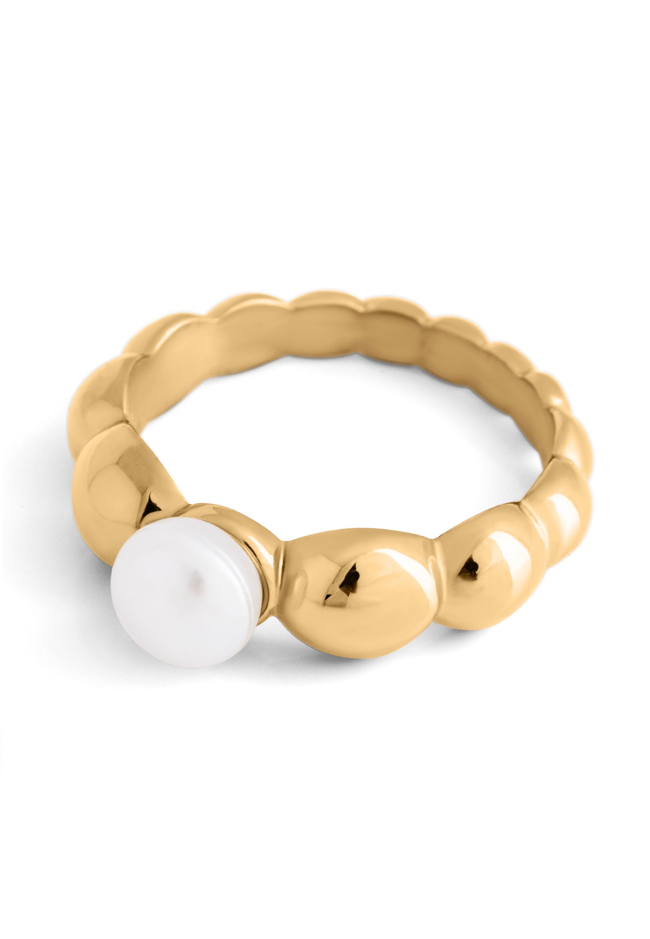 Gold ring with a central pearl on a white background