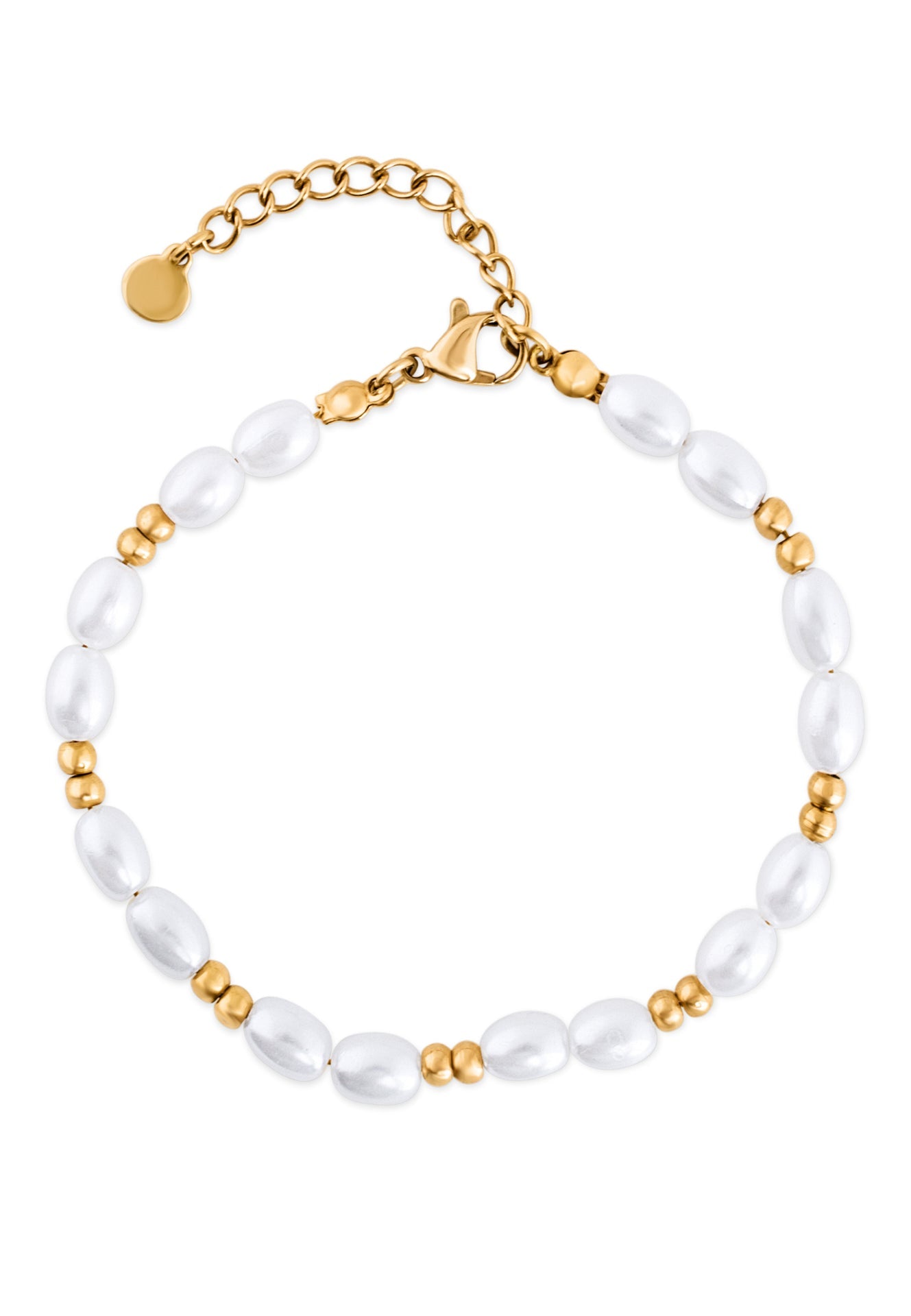 Pearl bracelet with gold accents on a white background
