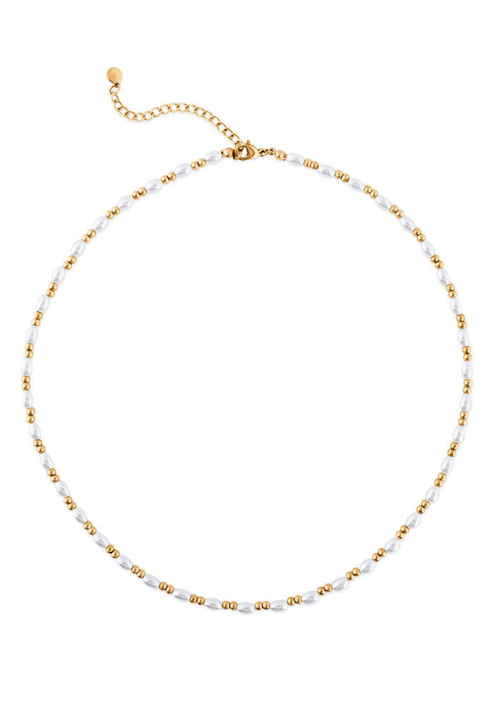 Necklace with white and gold beads on a white background