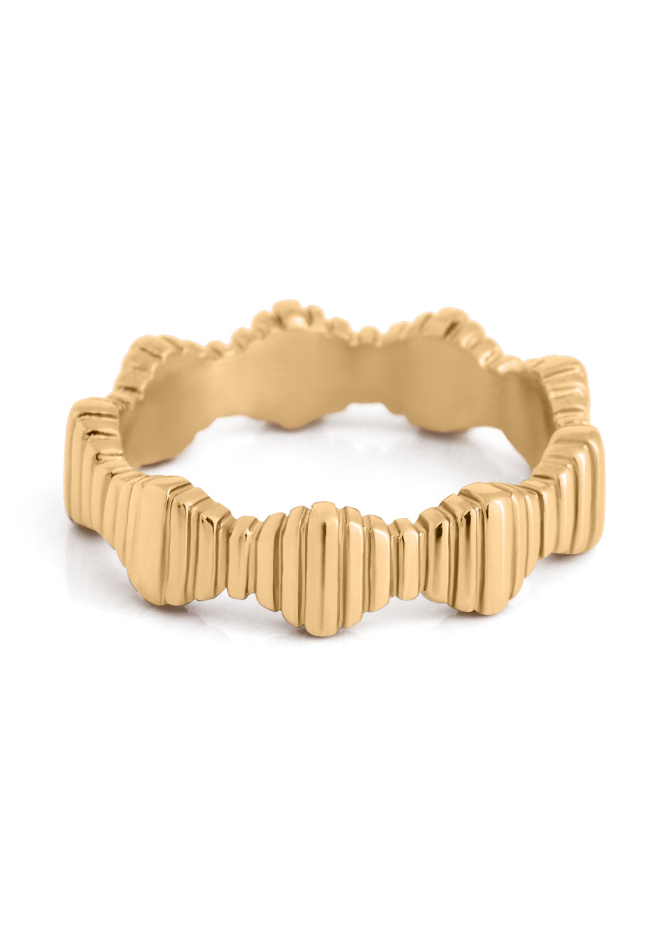 Gold ring with textured design on a white background