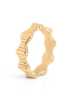 Gold ring with a textured design on a white background