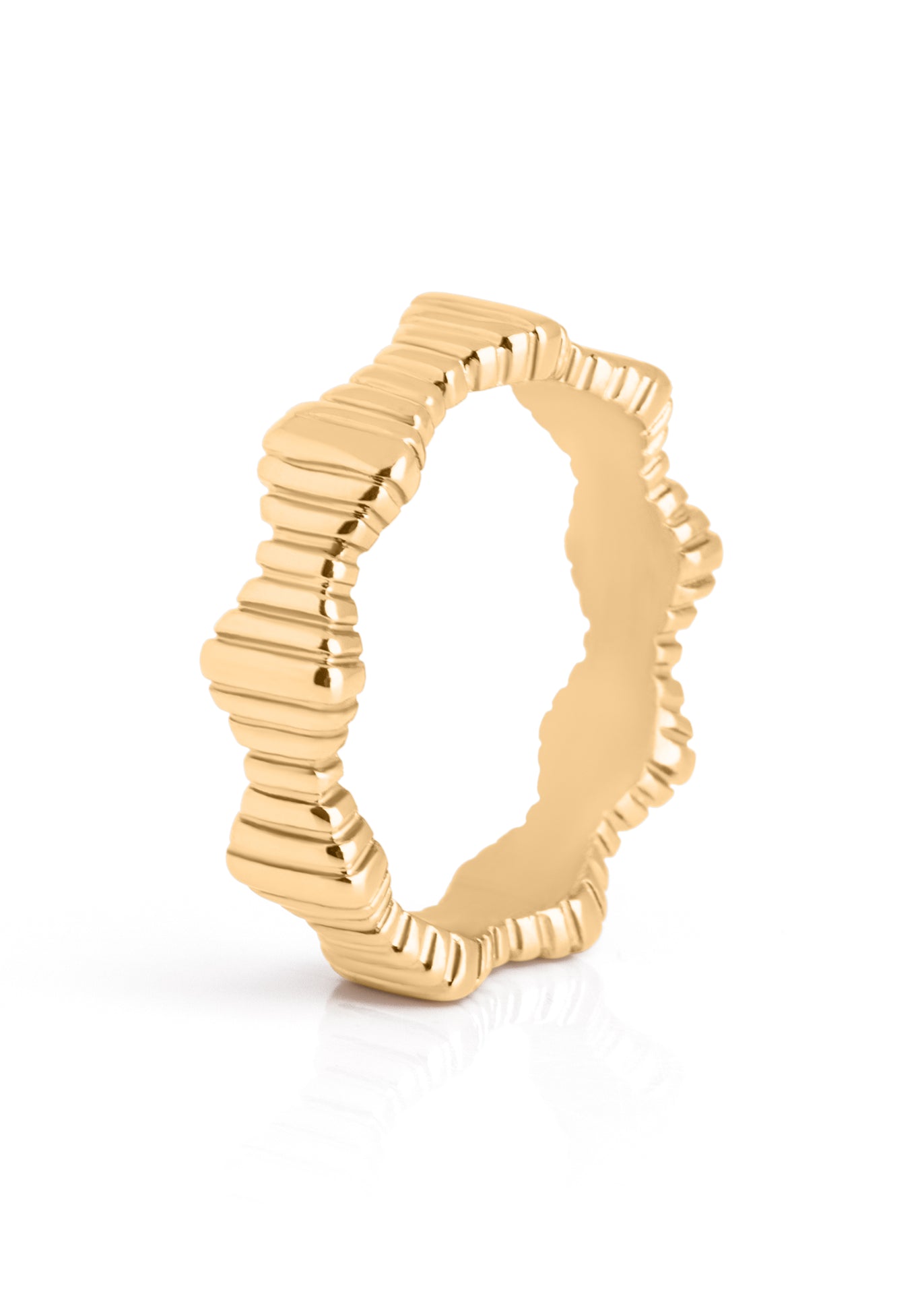 Gold ring with a textured design on a white background