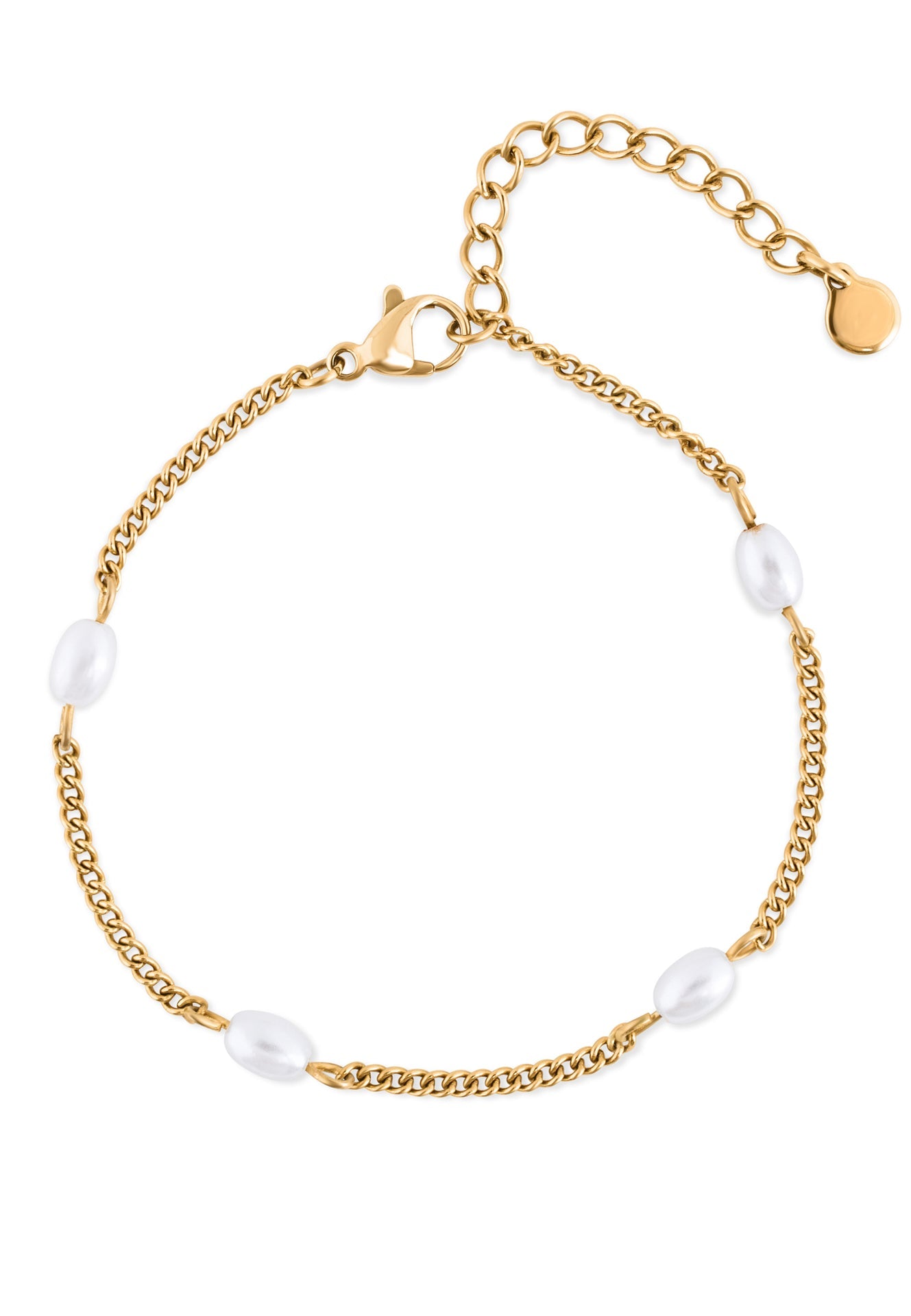 Gold bracelet with pearls on a white background