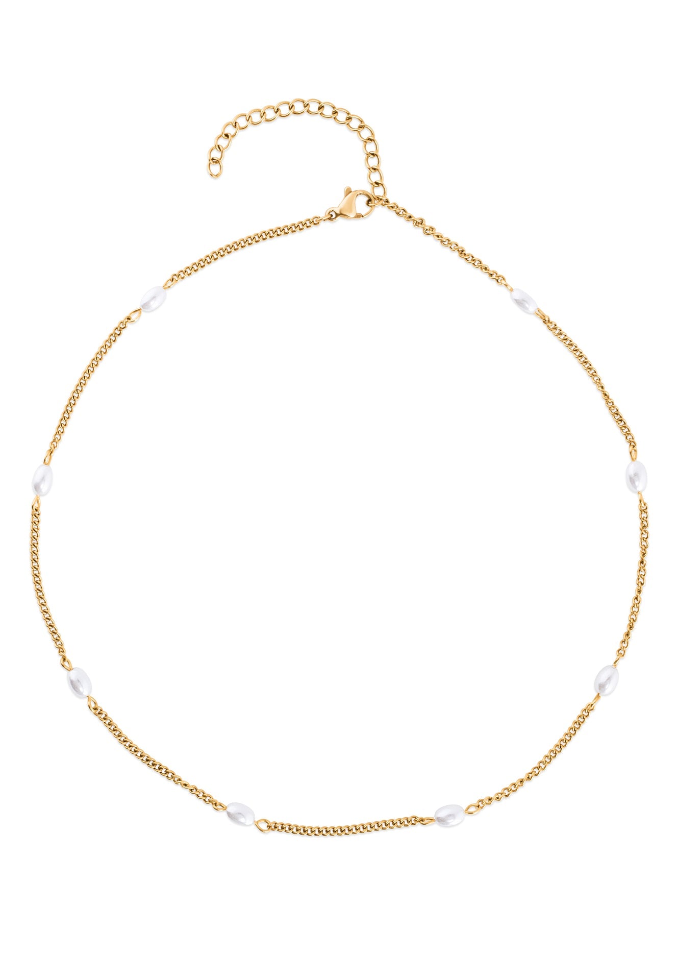 Gold necklace with white beads on a white background