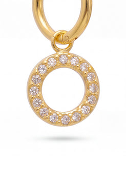 Gold earring with circular design and embedded crystals on a white background