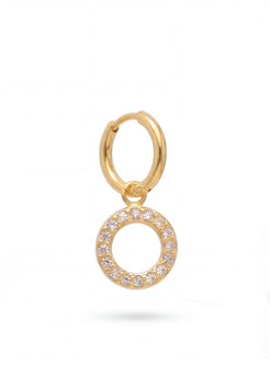 Gold hoop earring with a circular pendant on a white background