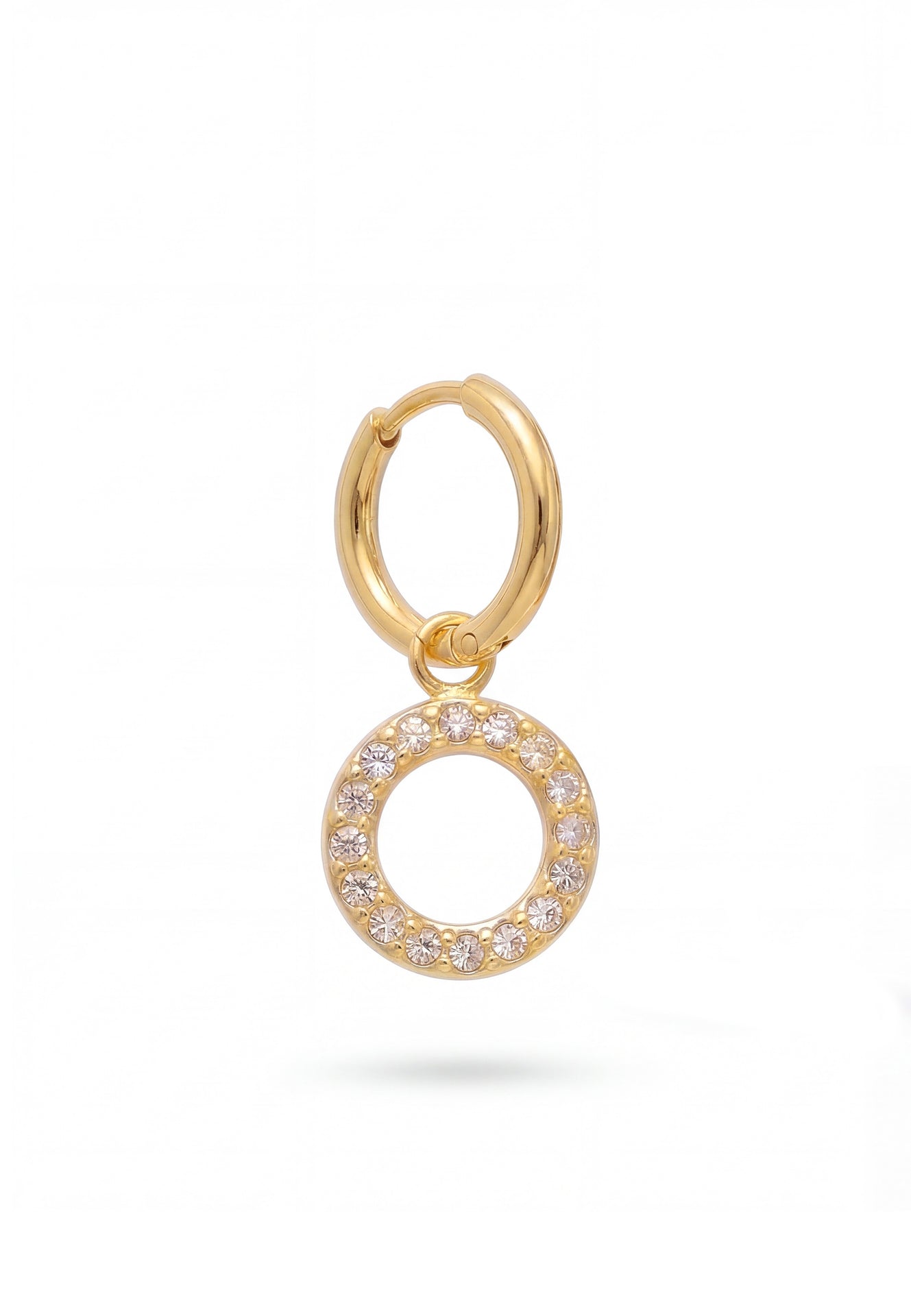 Gold hoop earring with a circular pendant on a white background