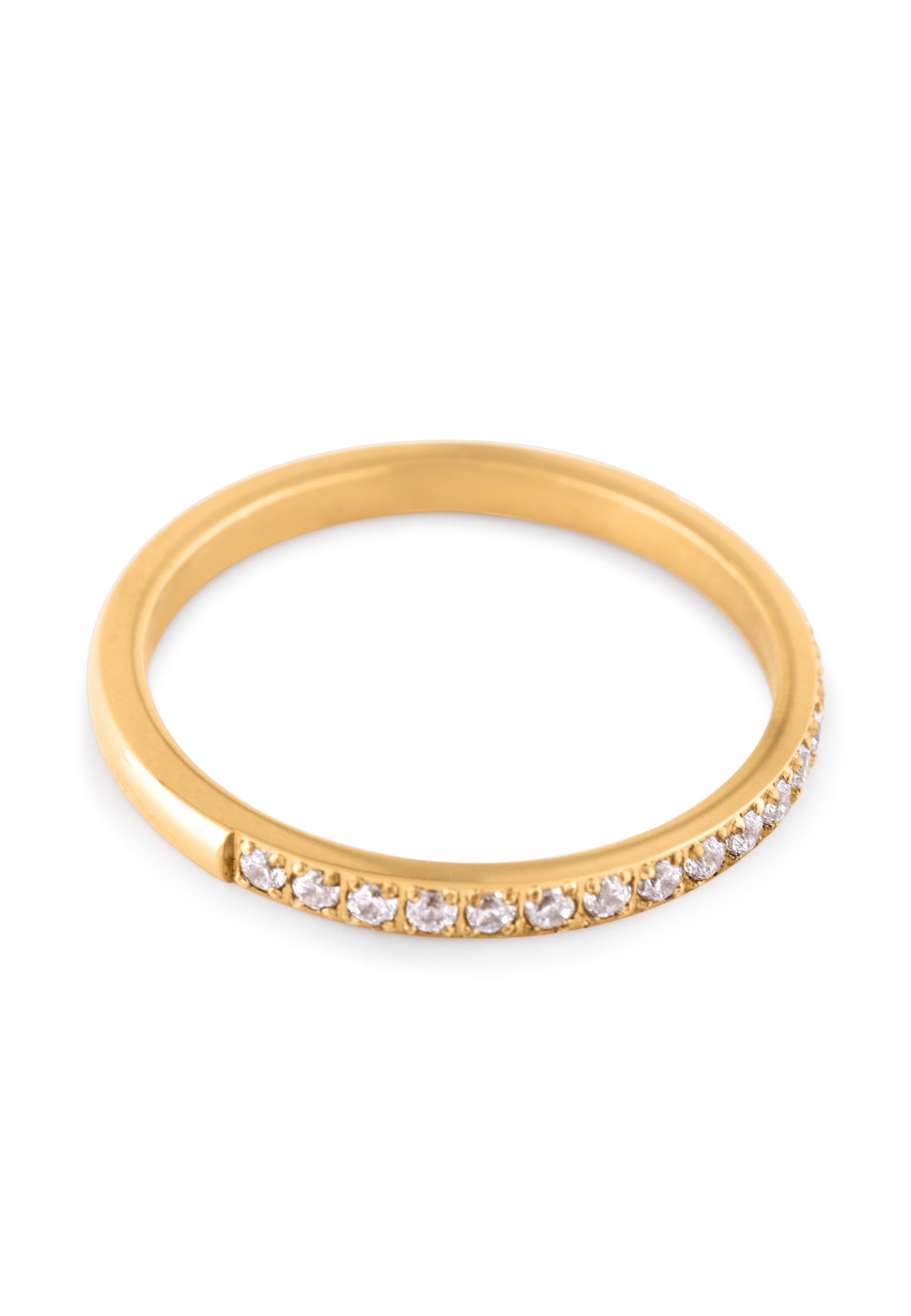 Gold ring with small diamonds on a white background