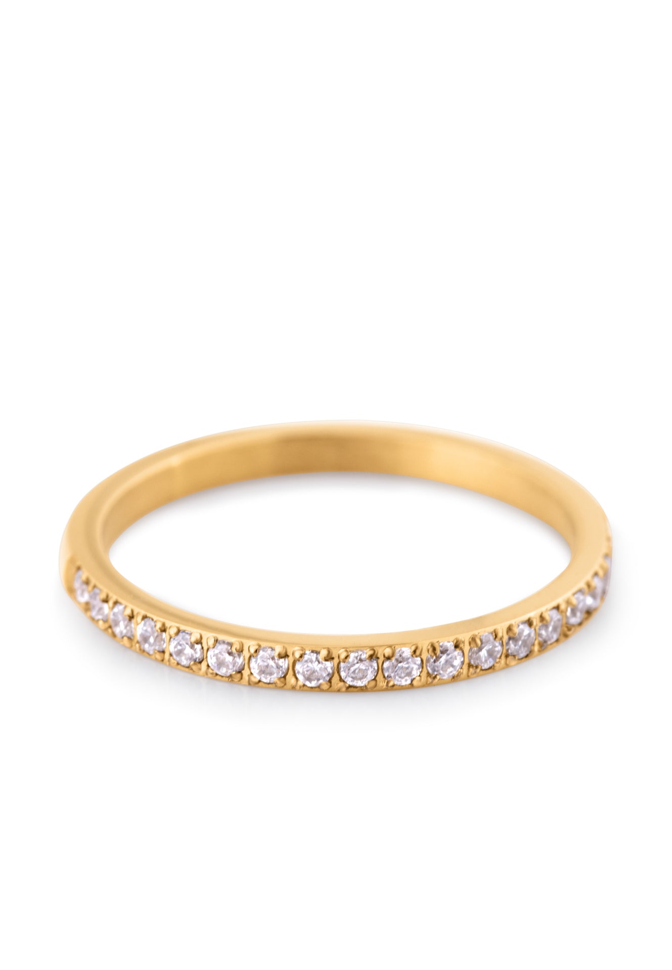Gold ring with small semi precious stones on a white background