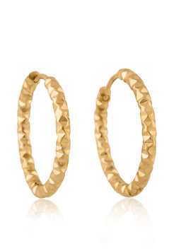 Gold hoop earrings with a textured finish on a white background