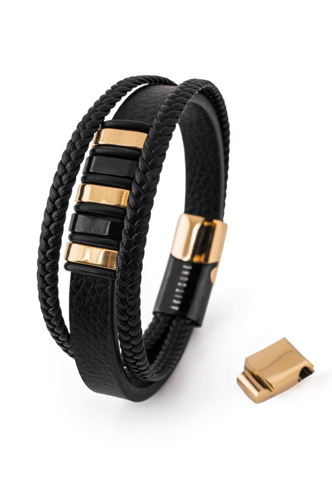 Akitsune-Fabula-Leather-Bracelet-Black-Gold-Mens-3