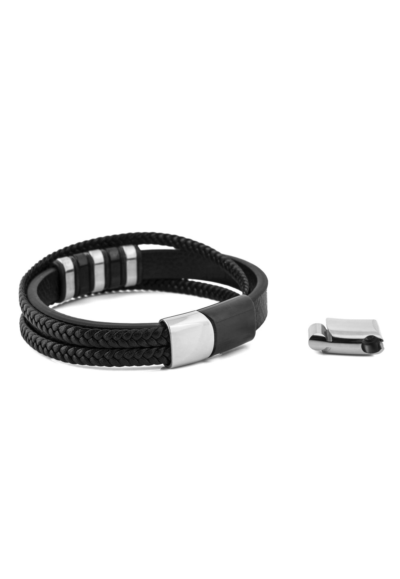 Akitsune-Fabula-Leather-Bracelet-Black-Silver-Mens-1