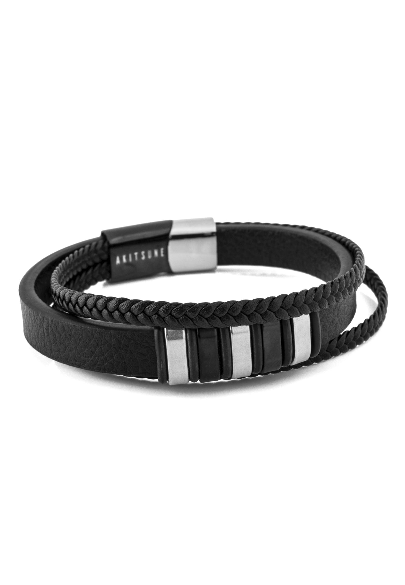 Akitsune-Fabula-Leather-Bracelet-Black-Silver-Mens-2