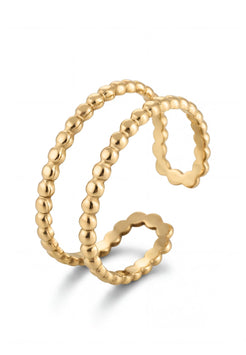 Two gold rings with beaded design on a white background
