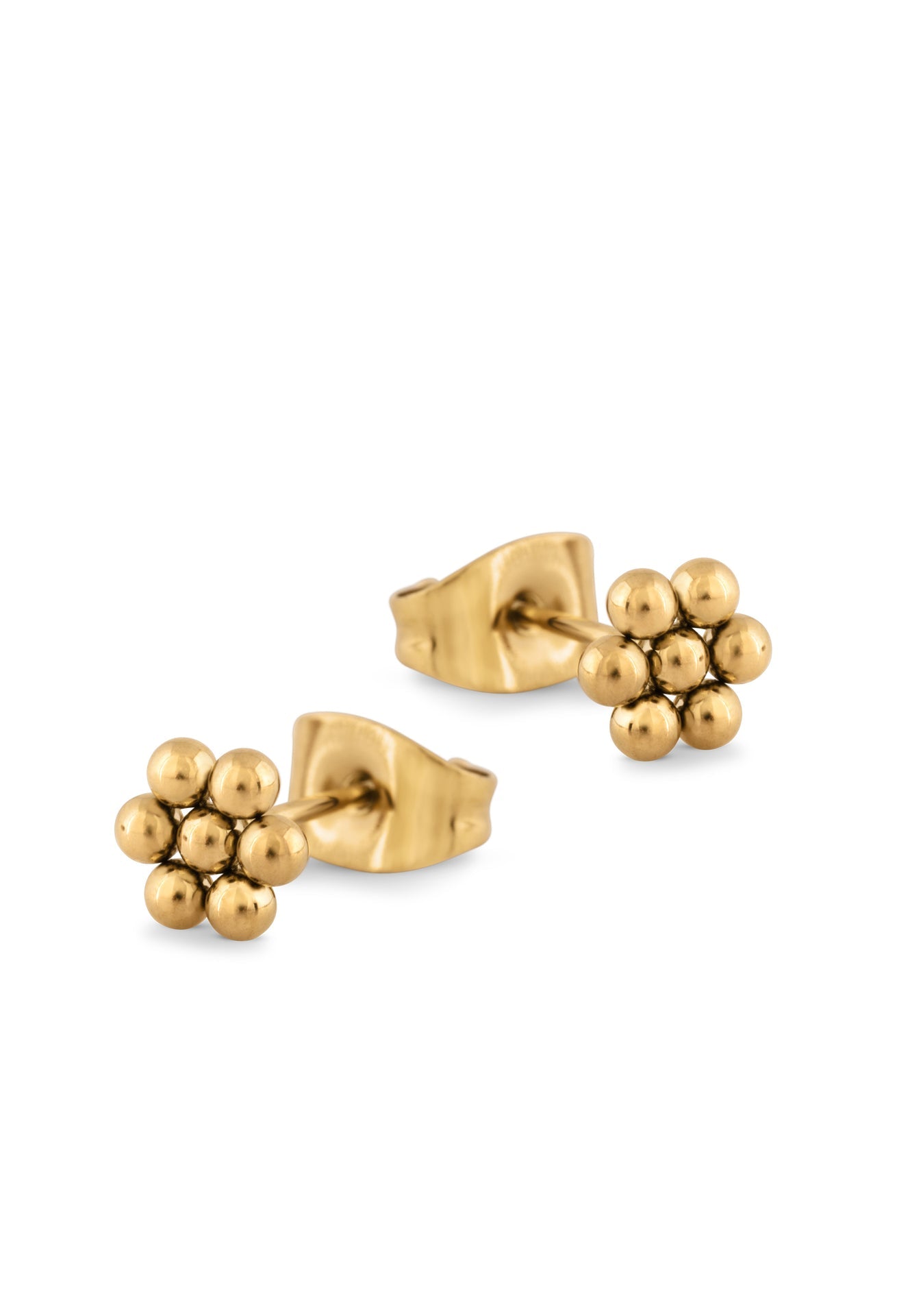 Pair of gold stud earrings on a white background