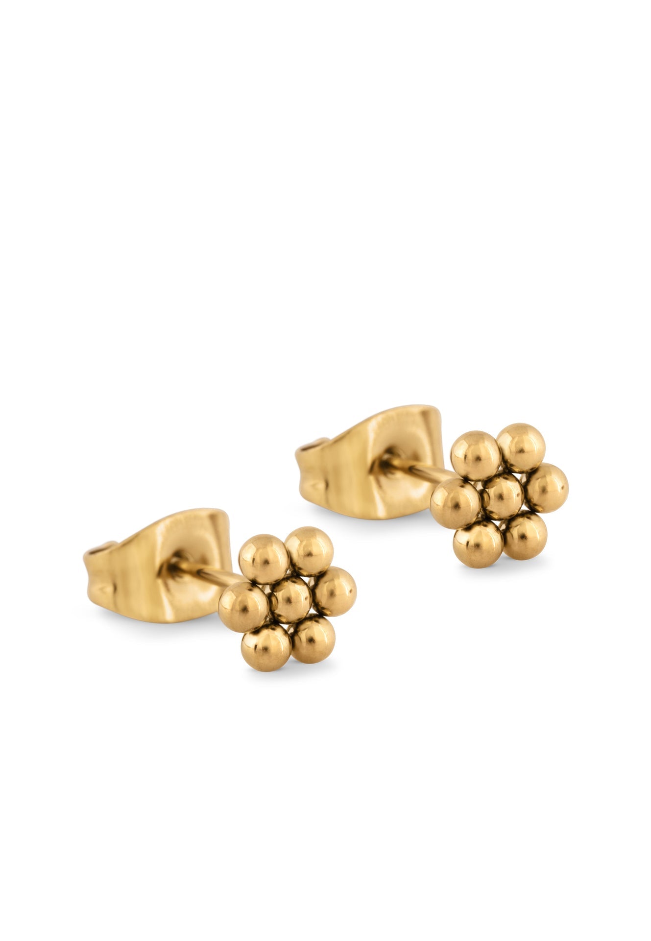 Pair of gold flower-shaped stud earrings on a white background