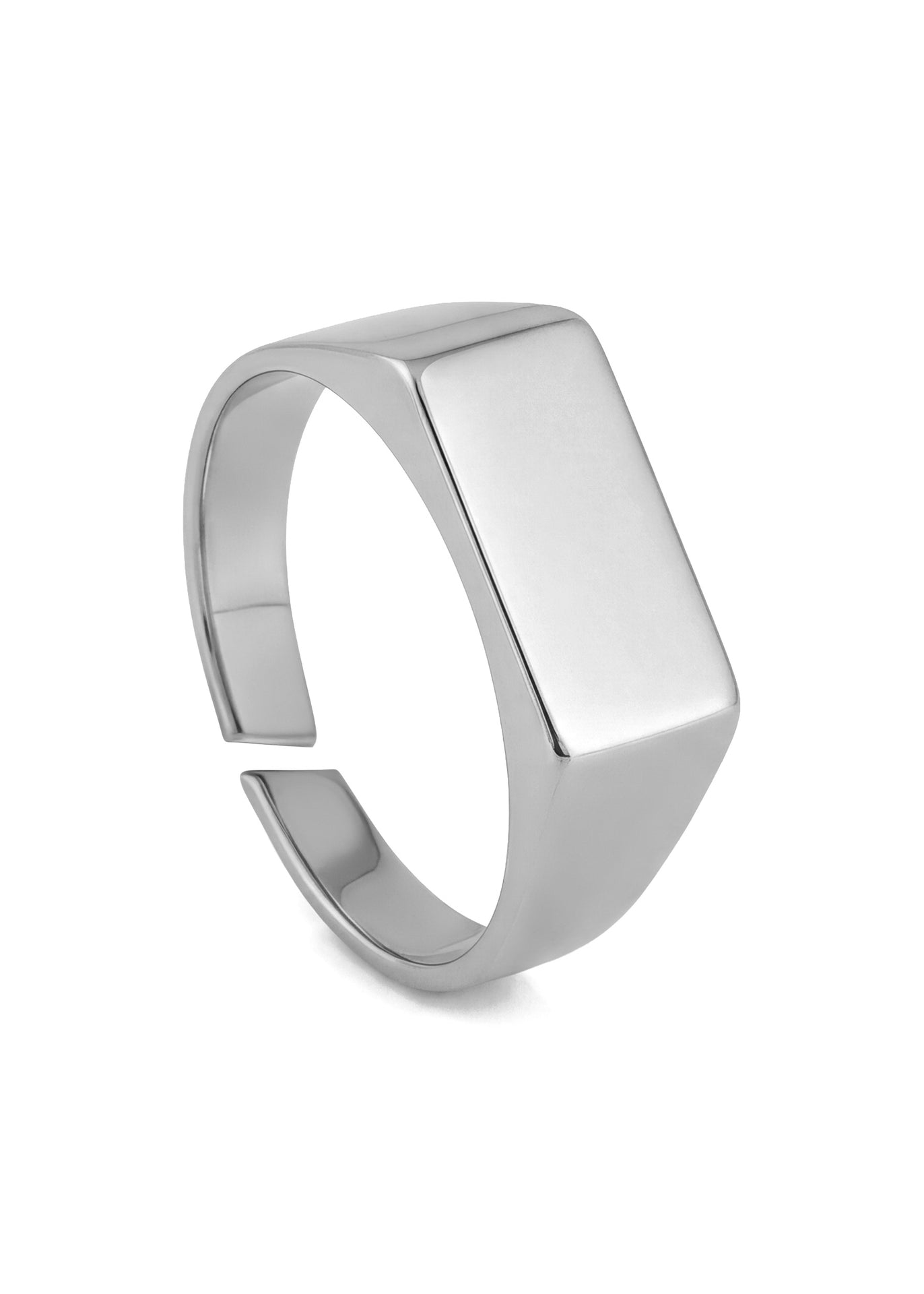 Silver ring with a geometric design on a white background