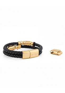 Black braided leather bracelet with gold clasp on a white background
