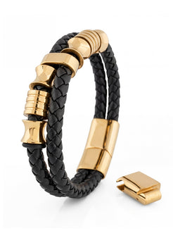 Black braided leather bracelet with gold accents on a white background