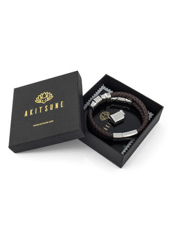 Akitsune-Gracilitas-Leather-Bracelet-Silver-Brown-Mens-Magnetic-Clasp