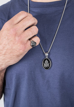 Akitsune-Hamsa-Necklace-Hand-of-Fatima-Men-Women-Silver-Model-3