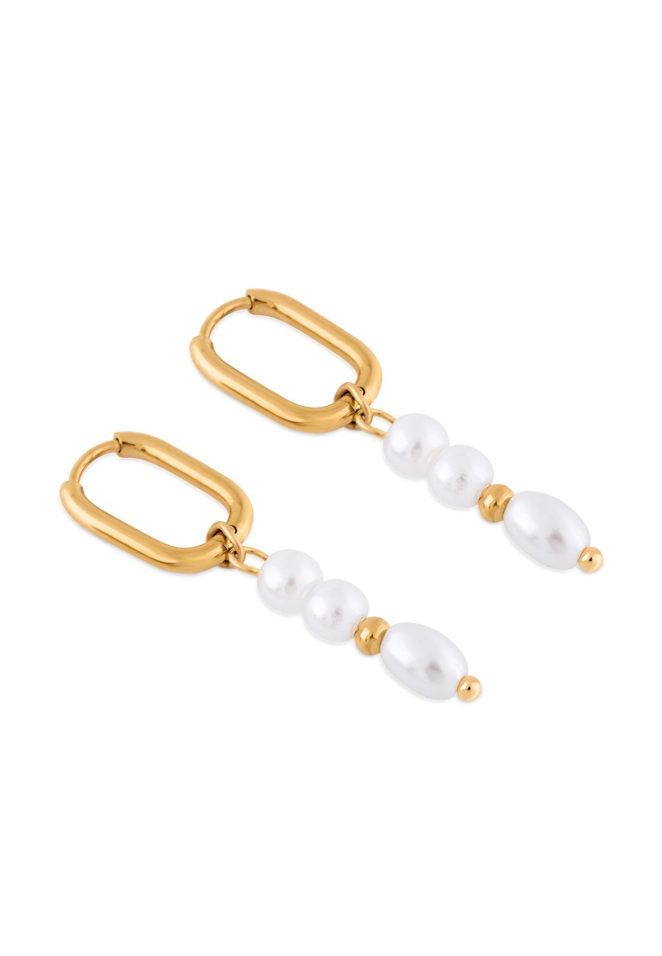Gold hoop earrings with pearl drops on a white background