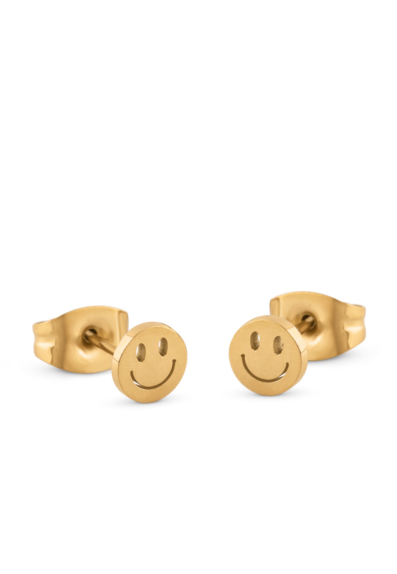Gold smiley face earrings on a white background