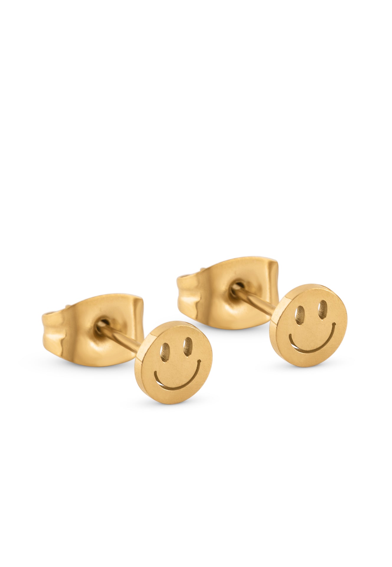 Gold smiley face earrings on a white background