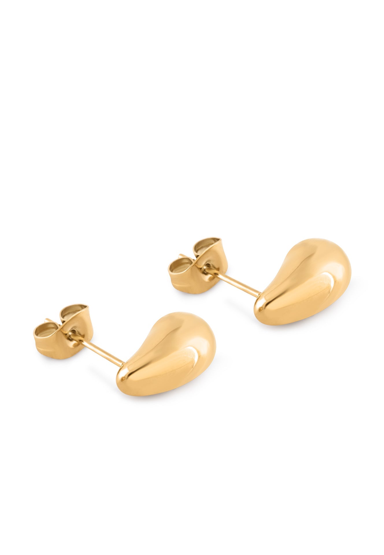 Gold teardrop-shaped earrings on a white background