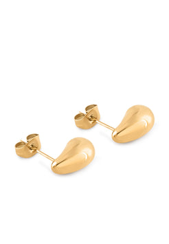 Gold teardrop-shaped earrings on a white background