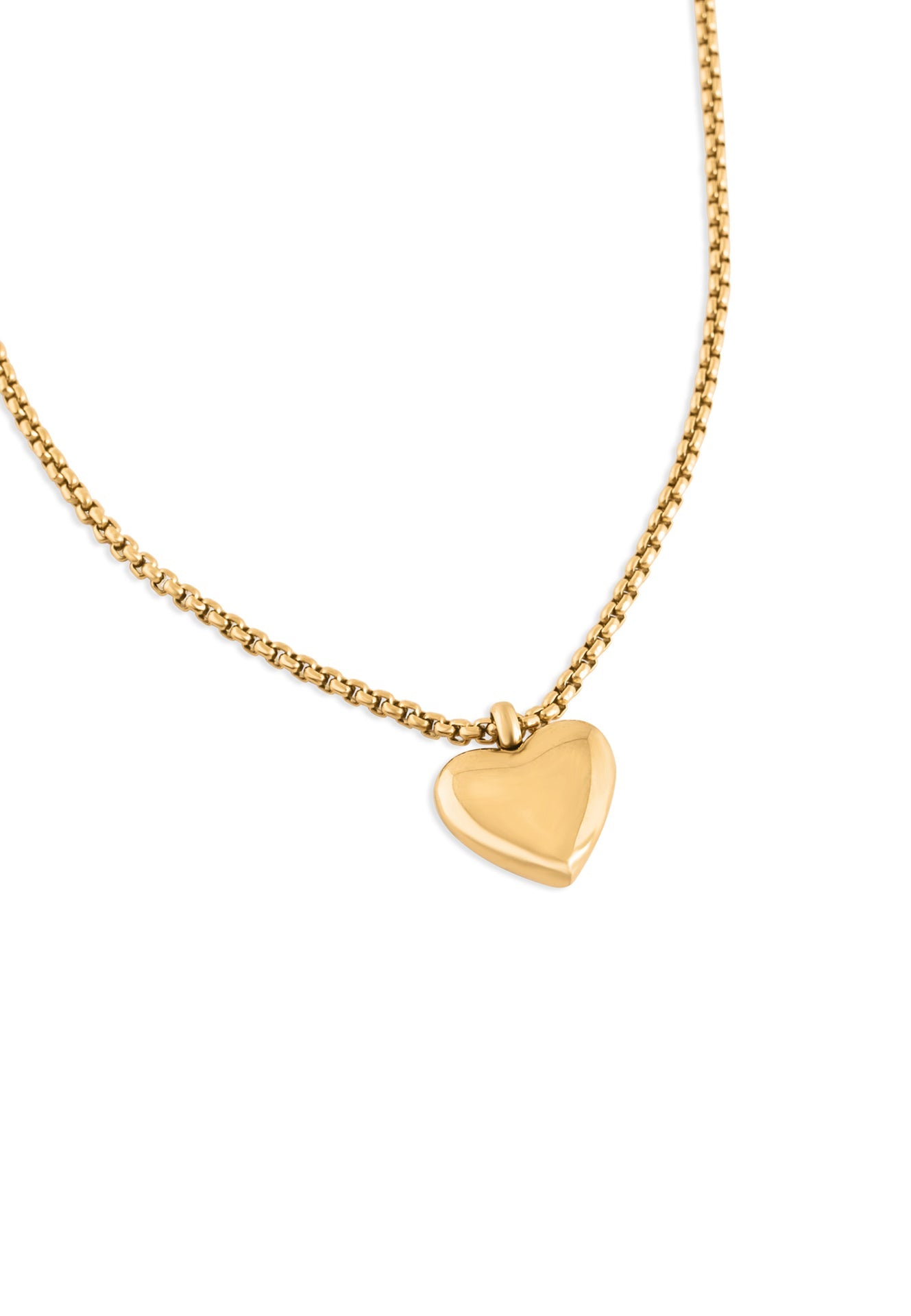 Gold heart-shaped pendant necklace on a white background