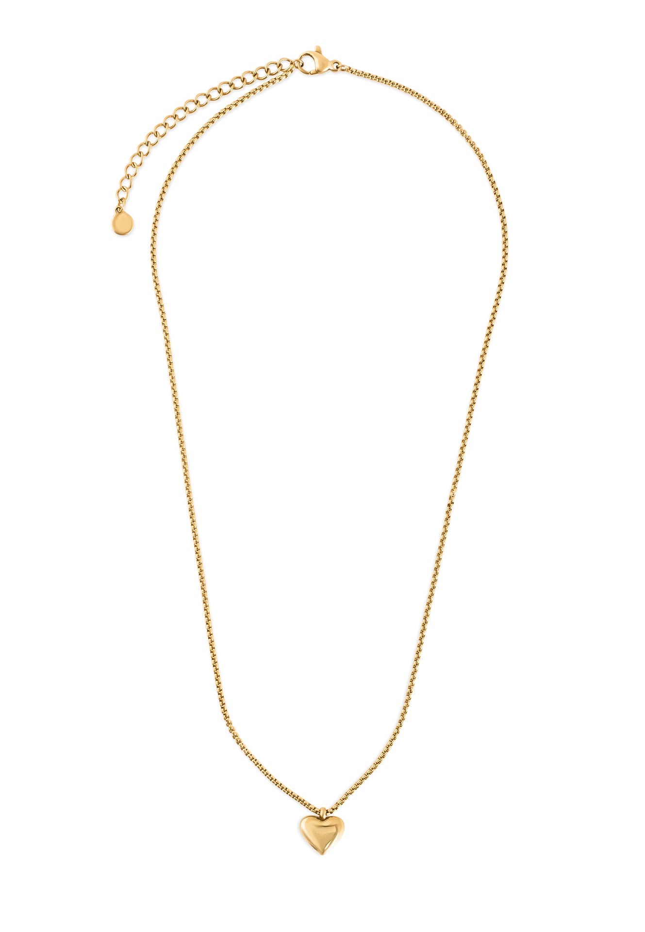 Gold necklace with a heart pendant on a white background