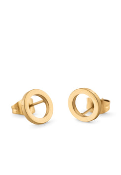 Gold circular stud earrings on a white background