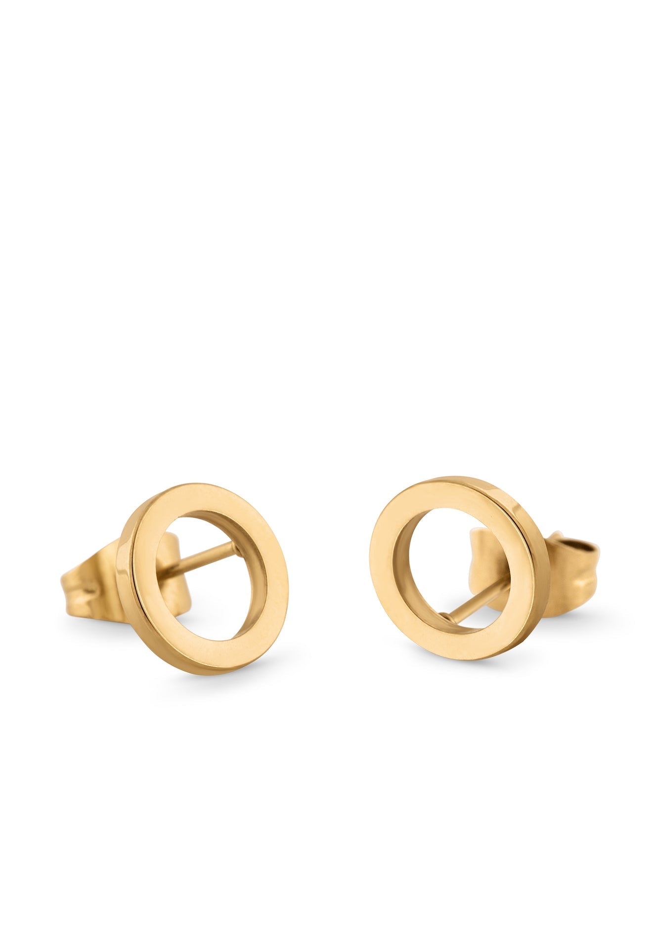 Gold circular stud earrings on a white background