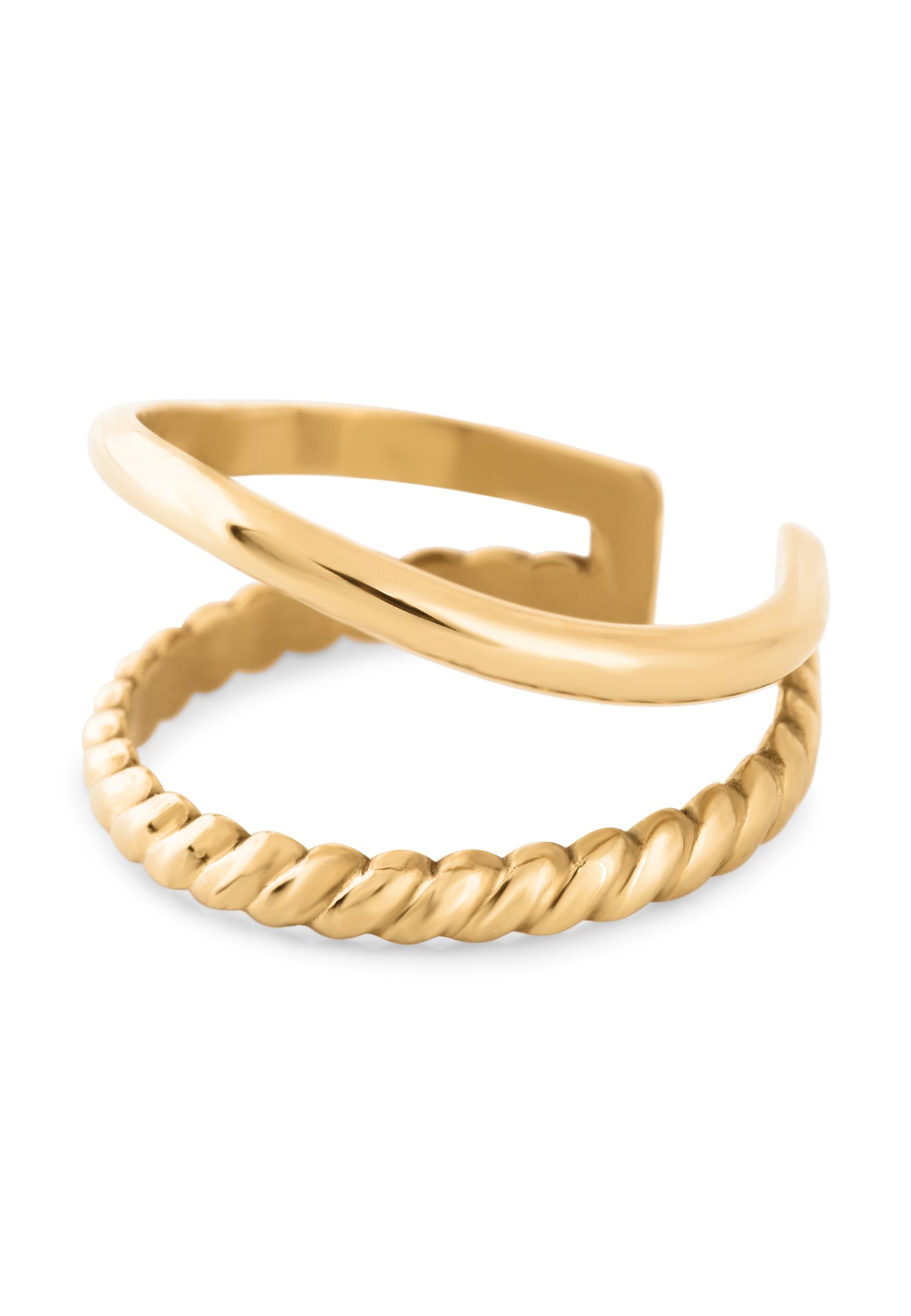 Gold bracelet with a braided design on a white background